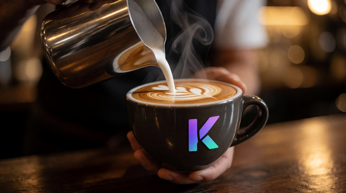 Barista pouring latte art shaped like a K into a cup with a purple-to-teal gradient logo