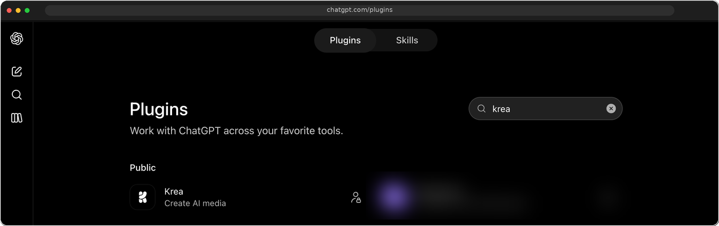 The Plugins page in ChatGPT settings, with "krea" typed into the search field and the Krea plugin listed under Public
