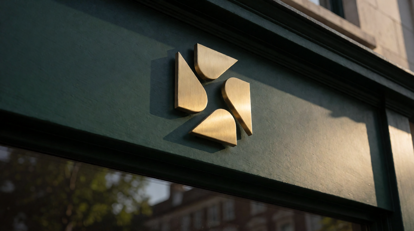 Raw Krea 2 output of the signage mockup prompt: a brass geometric mark on a dark green storefront
