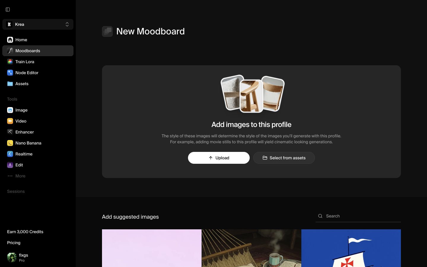 A new empty moodboard in Krea with upload and asset selection options