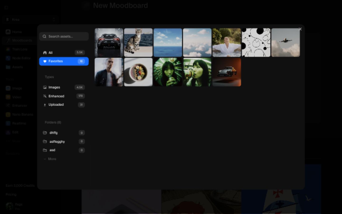 The Krea asset picker opened to the Favorites folder