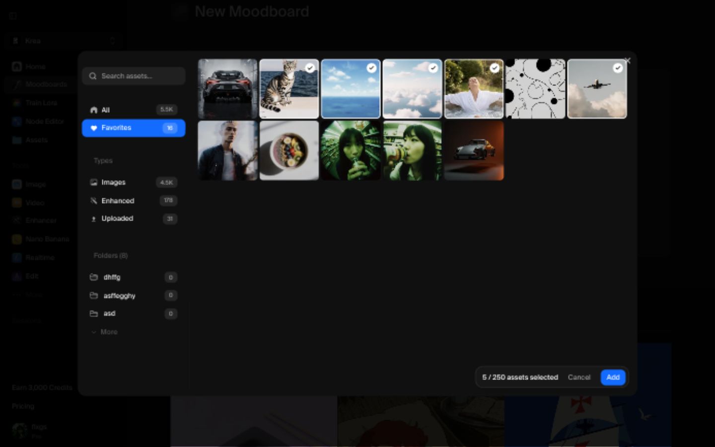 Five selected Favorites images in the Krea asset picker