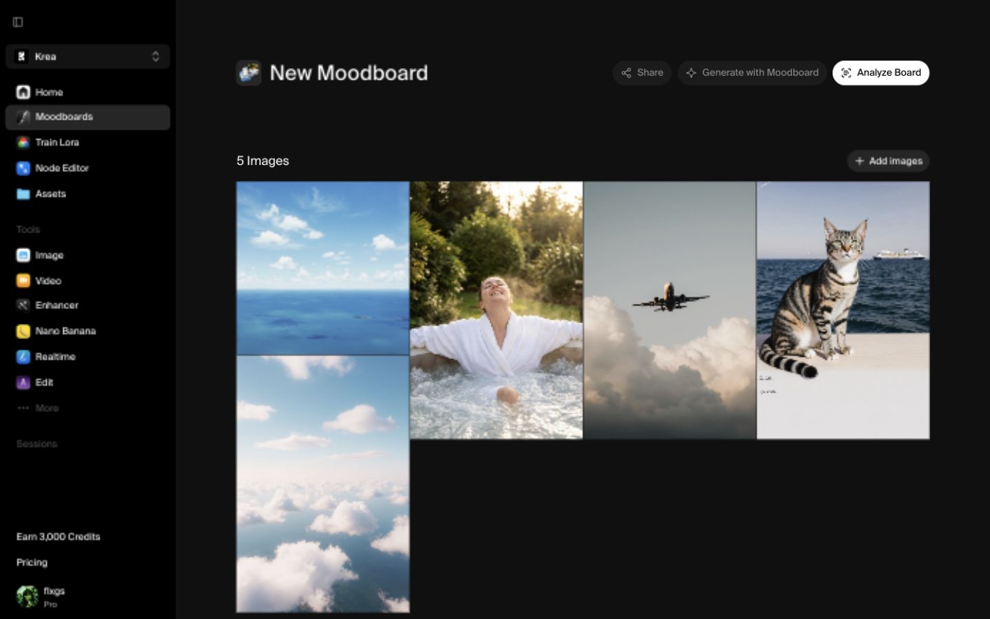 A Krea moodboard populated with five coastal and sky reference images