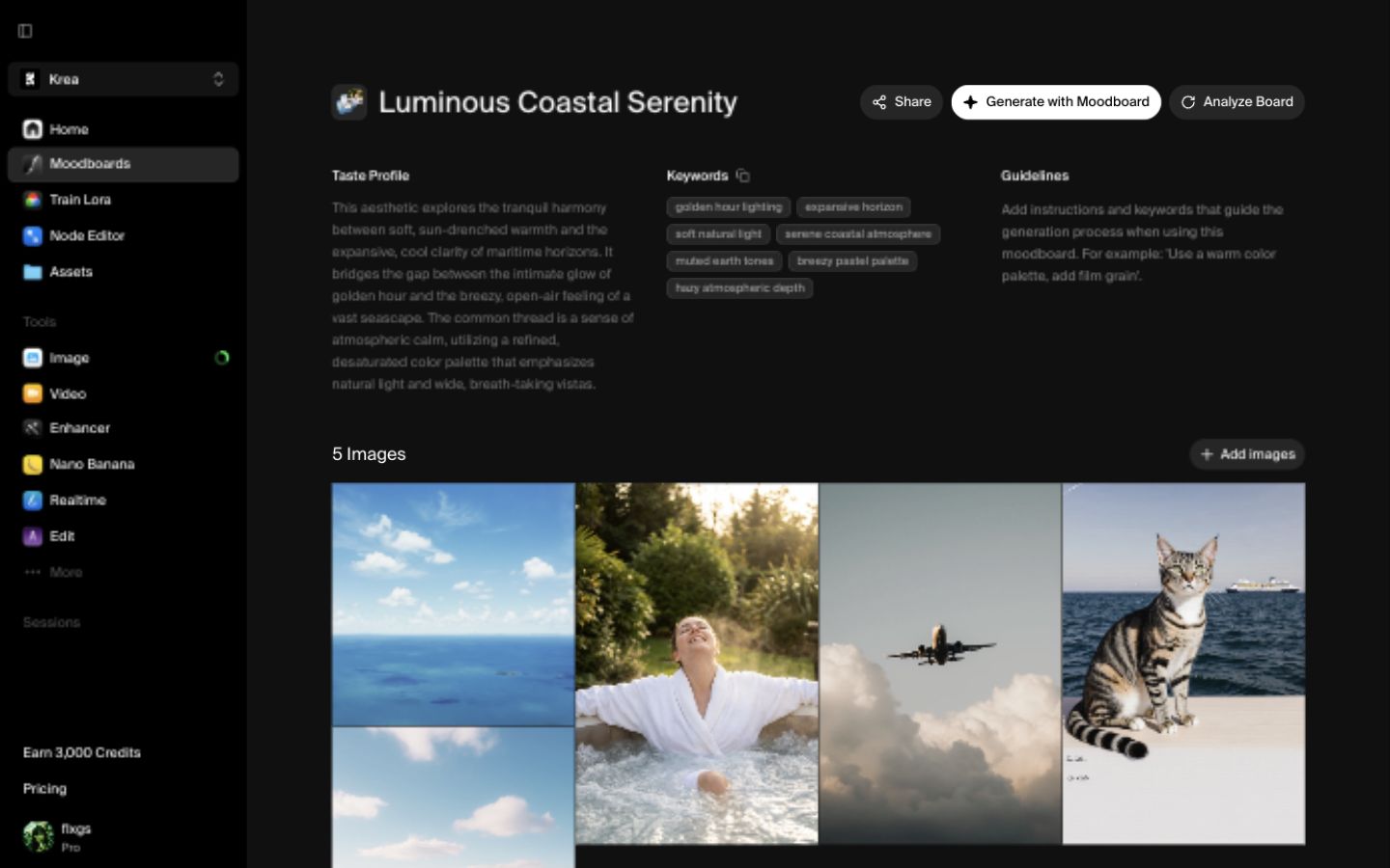 Krea moodboard analysis with taste profile and keywords for Luminous Coastal Serenity