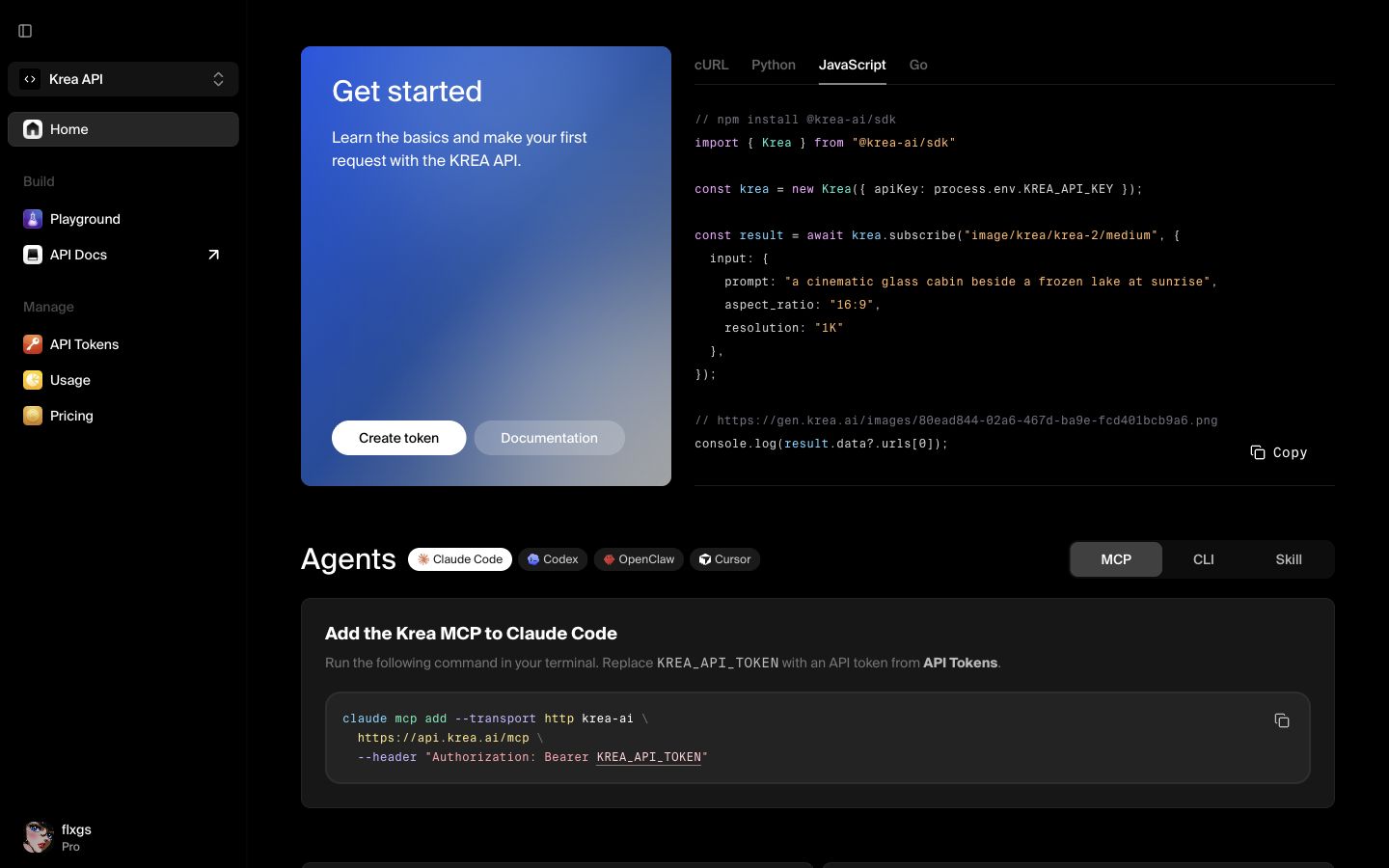 The Krea API home page with the Create token link and API navigation