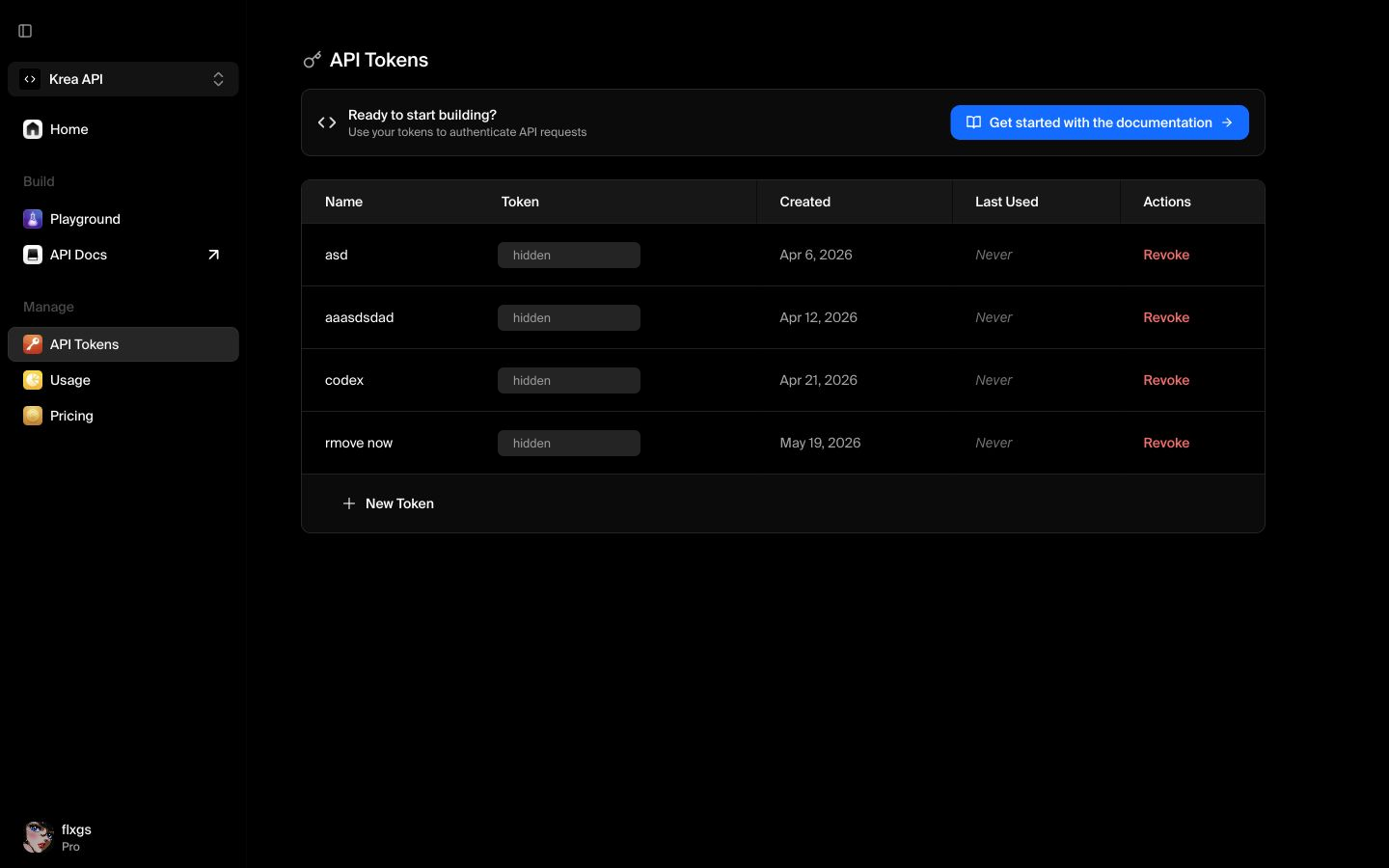 The API Tokens page with existing token identifiers hidden