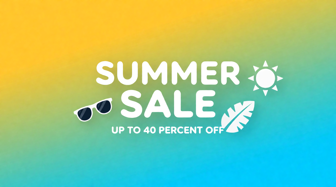 Summer sale web banner with bold rounded typography on a yellow-to-turquoise gradient, a raw Krea 2 generation of the prompt above