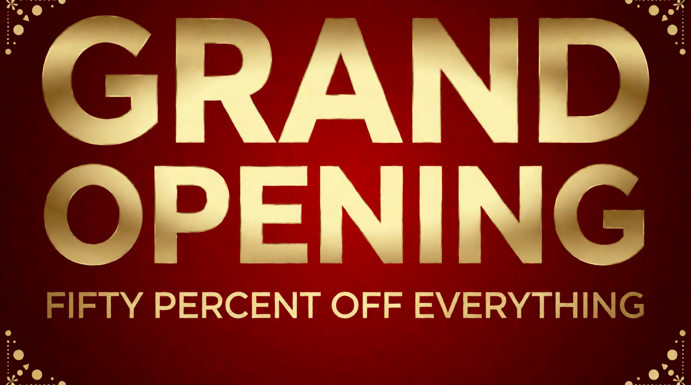 Grand opening retail banner with bold gold typography on a deep red background, a raw Krea 2 generation of the prompt used to test text legibility