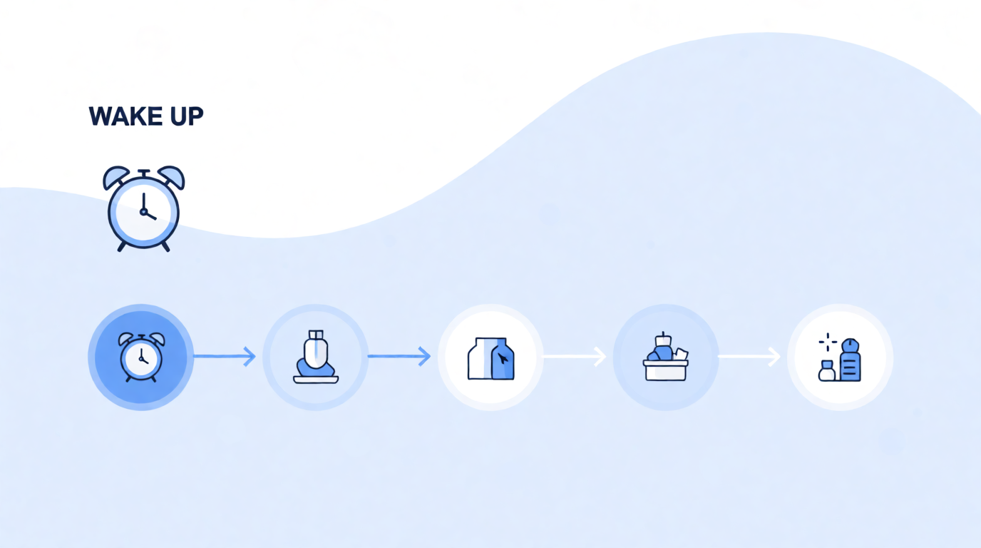 Five-step morning routine infographic with circular icons connected by arrows on a pastel blue background, a raw Krea 2 generation of the prompt above