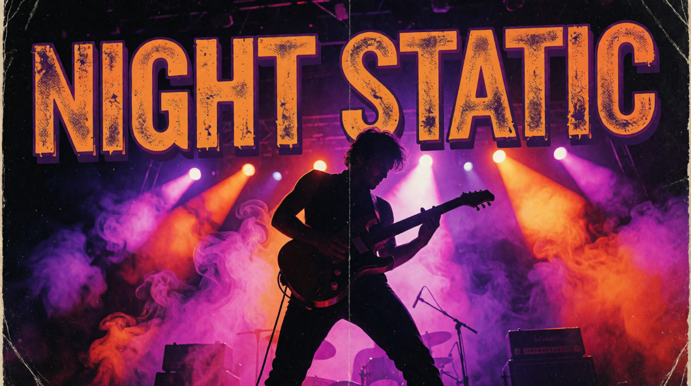 Concert poster for a band called Night Static, neon purple and orange lighting, distressed display typography, a raw Krea 2 generation of the prompt above