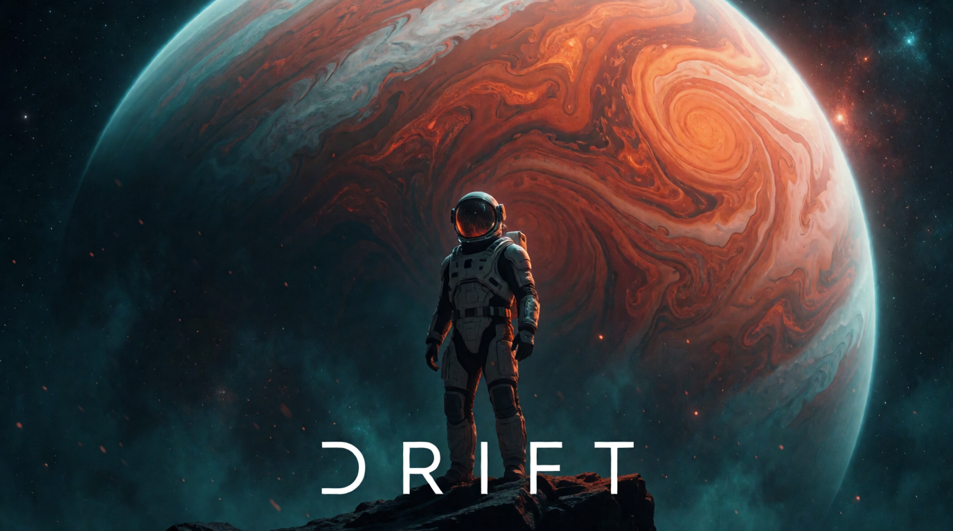 Sci-fi movie poster with an astronaut before a red gas giant, teal and orange color grade, a raw Krea 2 generation of the prompt above