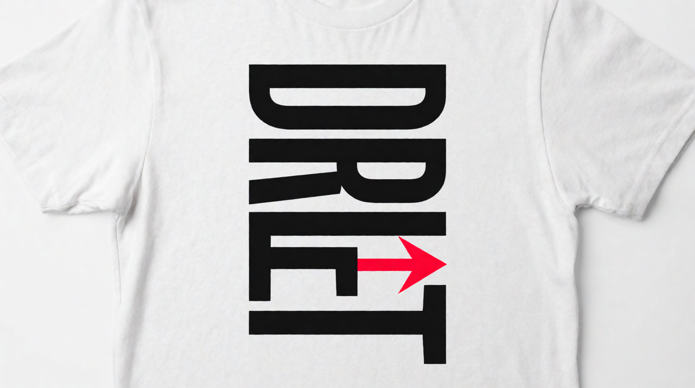 Raw Krea 2 output of the typography prompt above: the word DRIFT stacked vertically in a tall condensed sans-serif, with an arrow icon replacing the letter I
