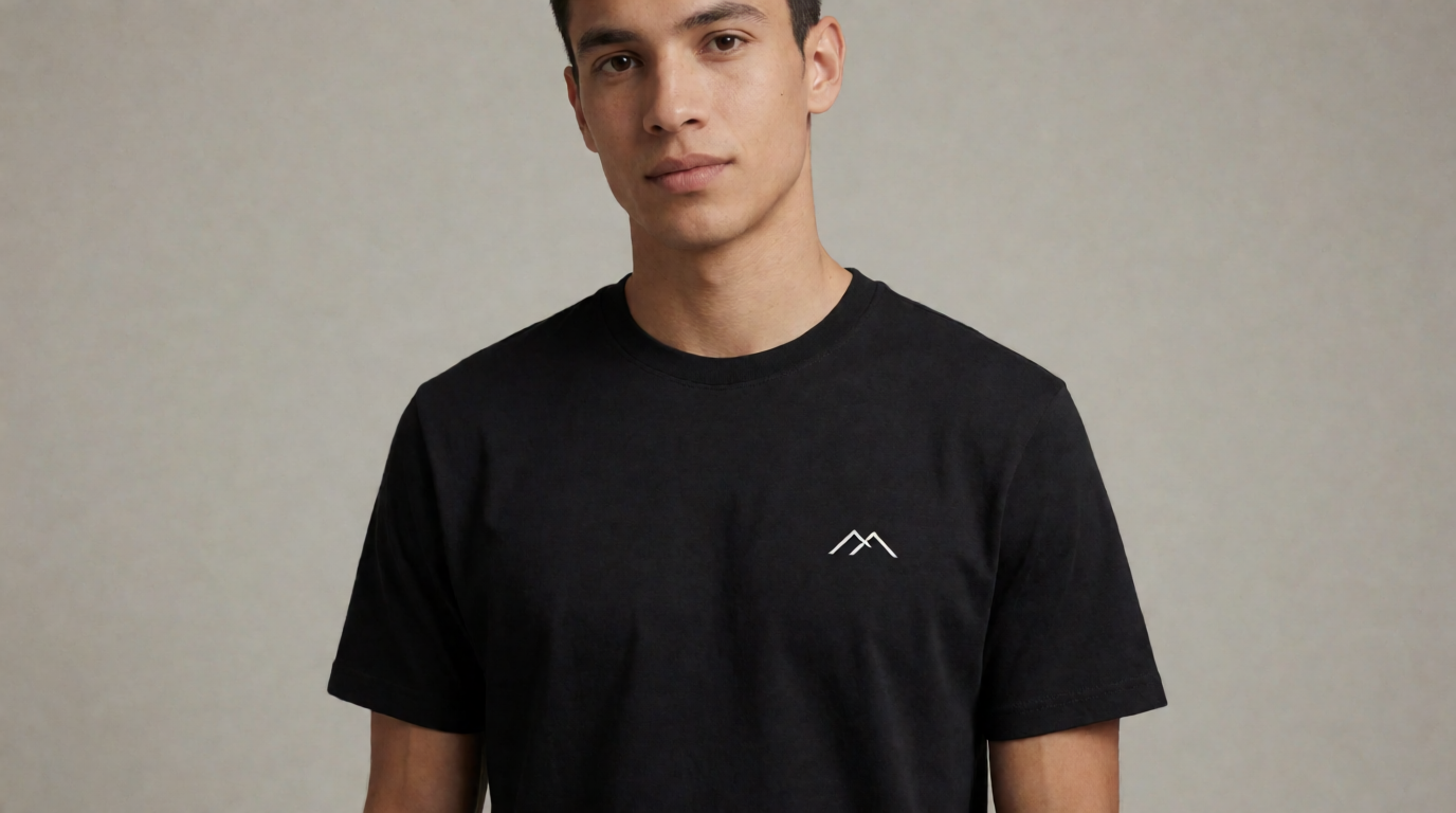 Raw Krea 2 output of the mockup prompt above: a man wearing a black t-shirt with a small white mountain-line-art logo on the left chest