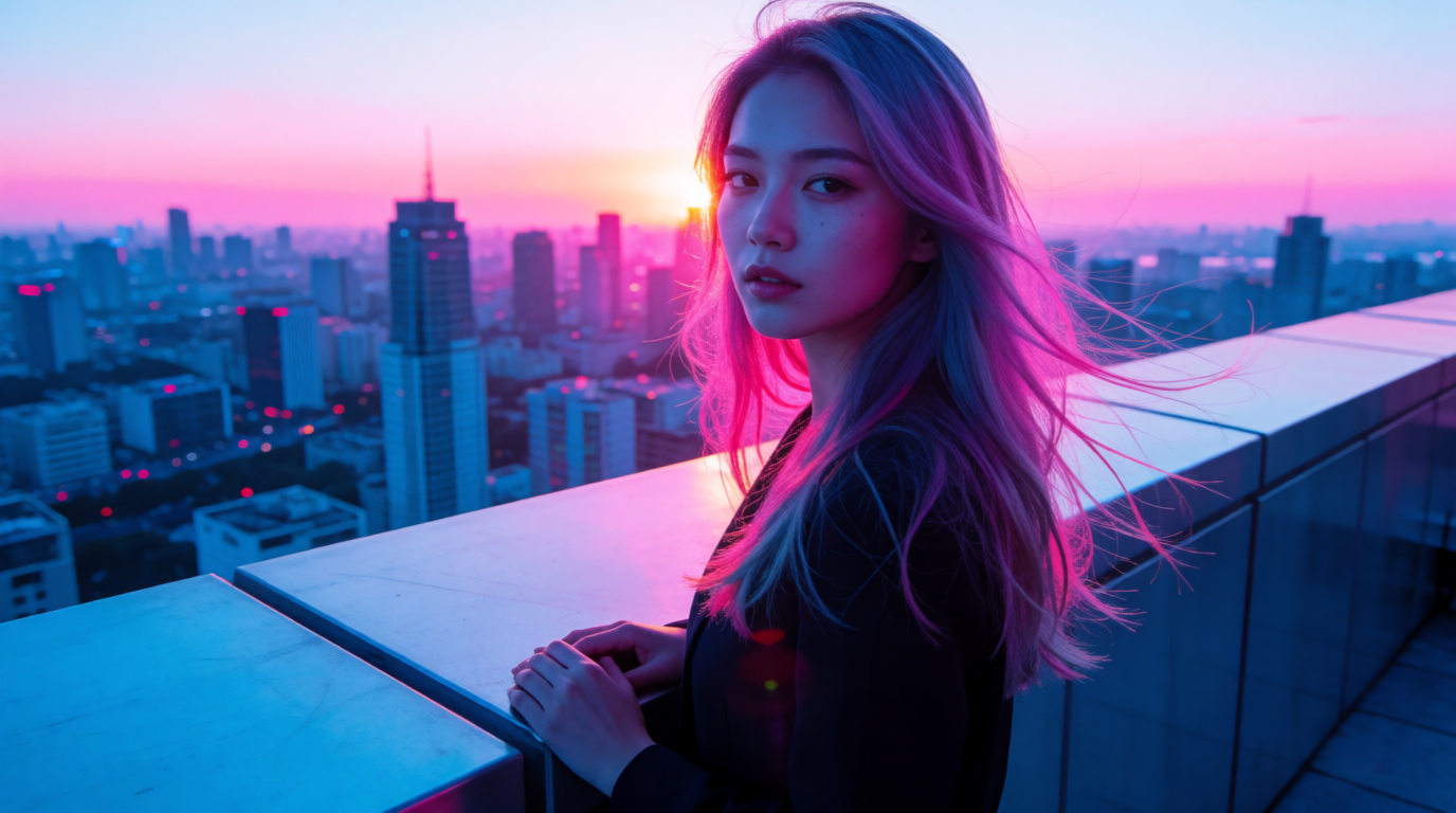 Rooftop portrait restyled with a vivid neon pink and blue duotone filter, a raw Krea 2 generation of the prompt above