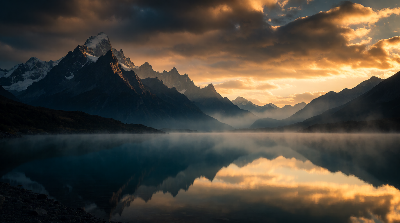 Mountain landscape with a flat sky replaced by a dramatic golden-hour sky, a raw Krea 2 generation of the prompt above