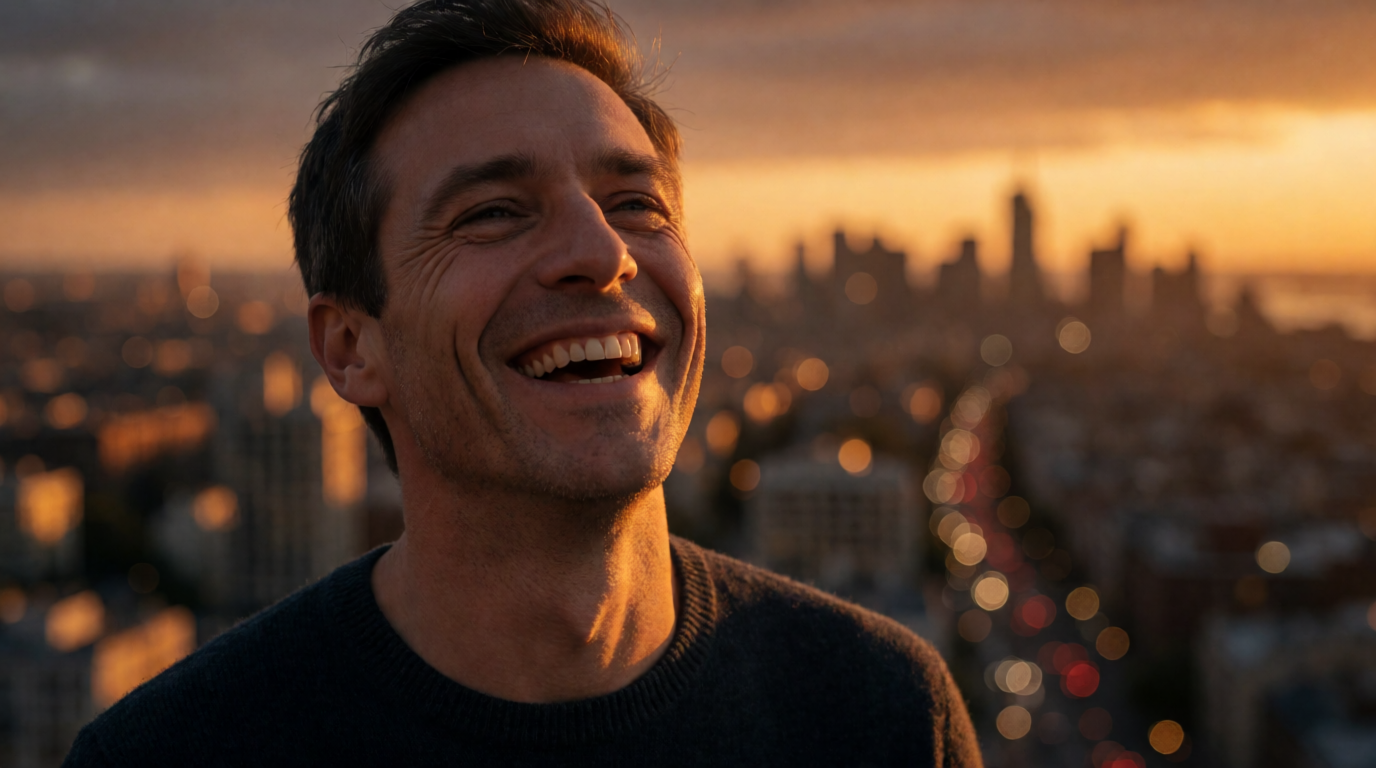 Portrait with its background extended into a golden-hour city skyline, a raw Krea 2 generation of the prompt above