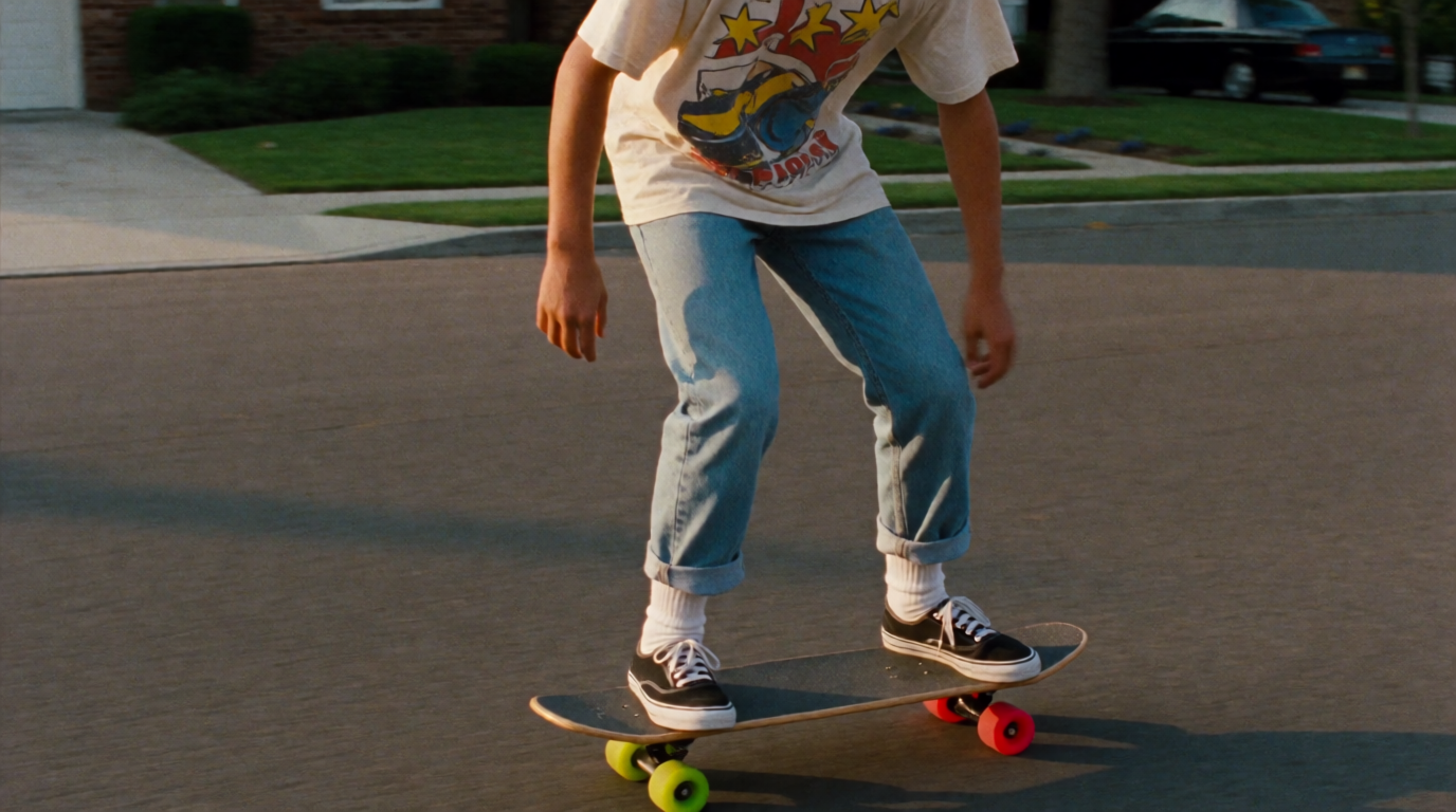 Skateboarder photo restyled with a grainy 1980s VHS look, a raw Krea 2 generation of the prompt above