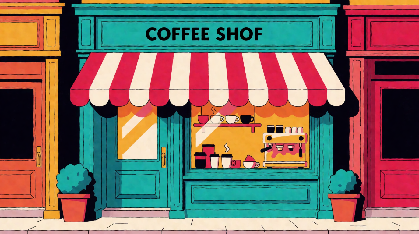 Coffee shop street photo restyled as a flat-color cartoon illustration, a raw Krea 2 generation of the prompt above