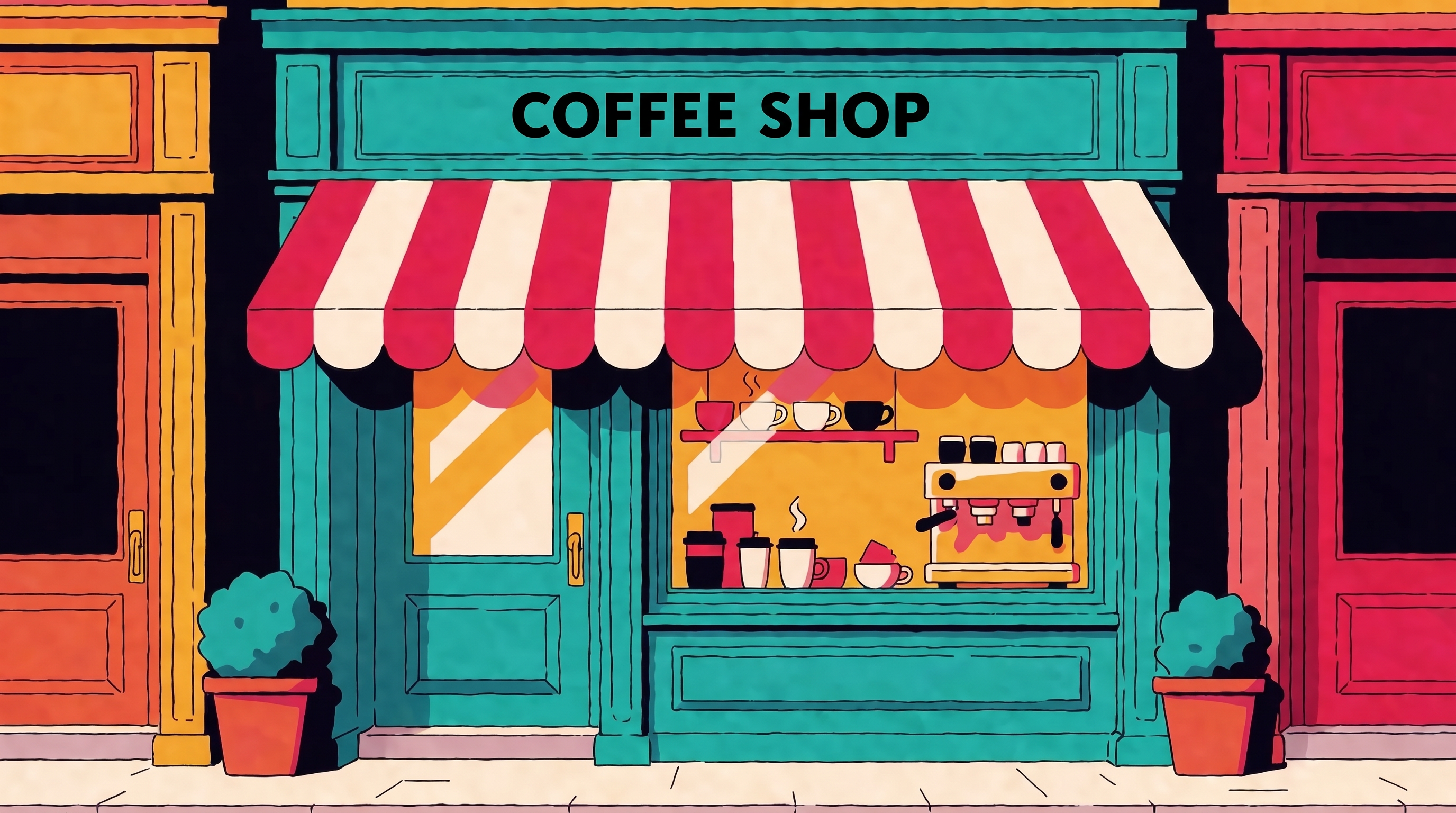 Coffee shop restyled as a flat-color cartoon illustration with a sign reading COFFEE SHOP