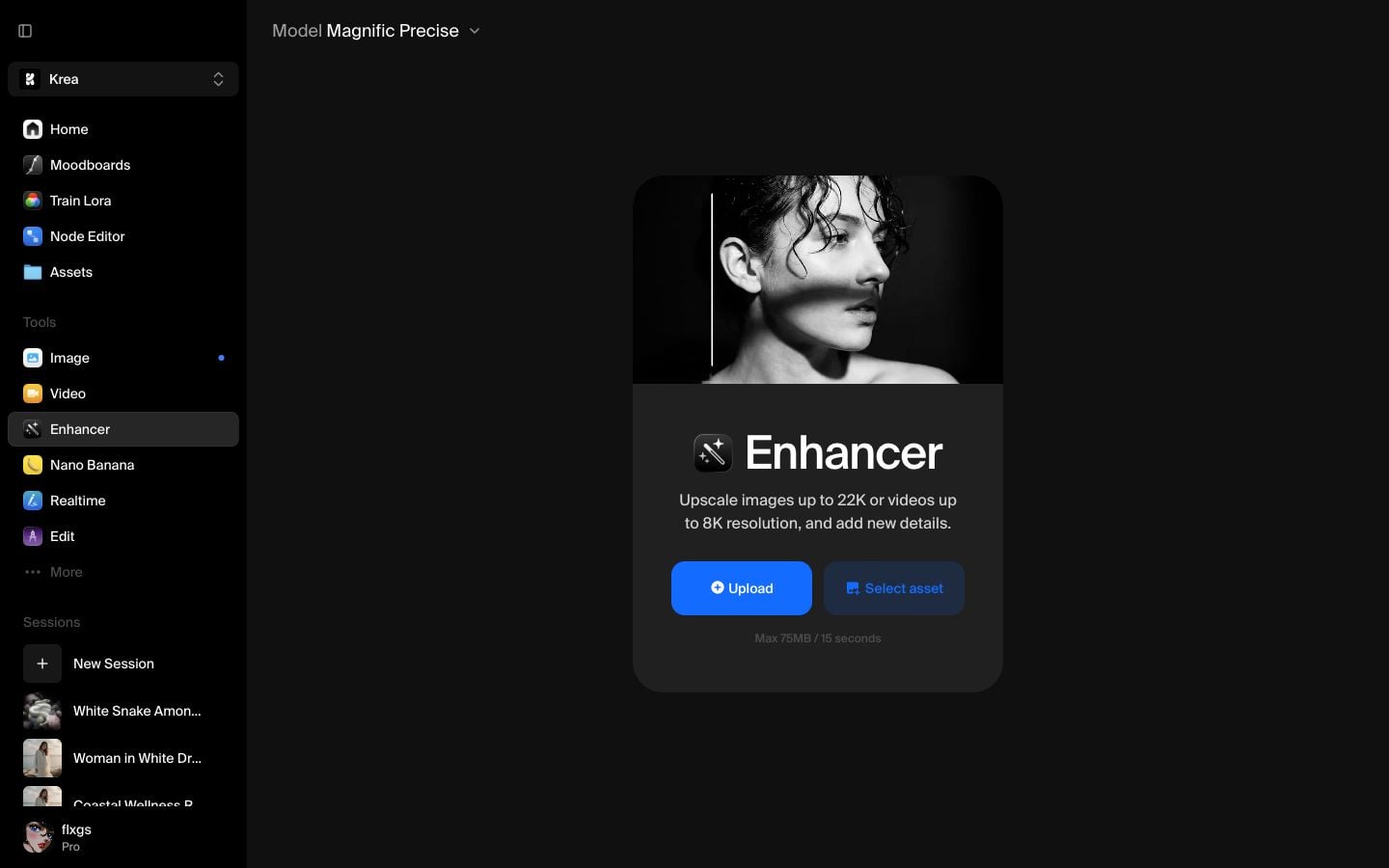 Pantalla de inicio de Krea Enhancer