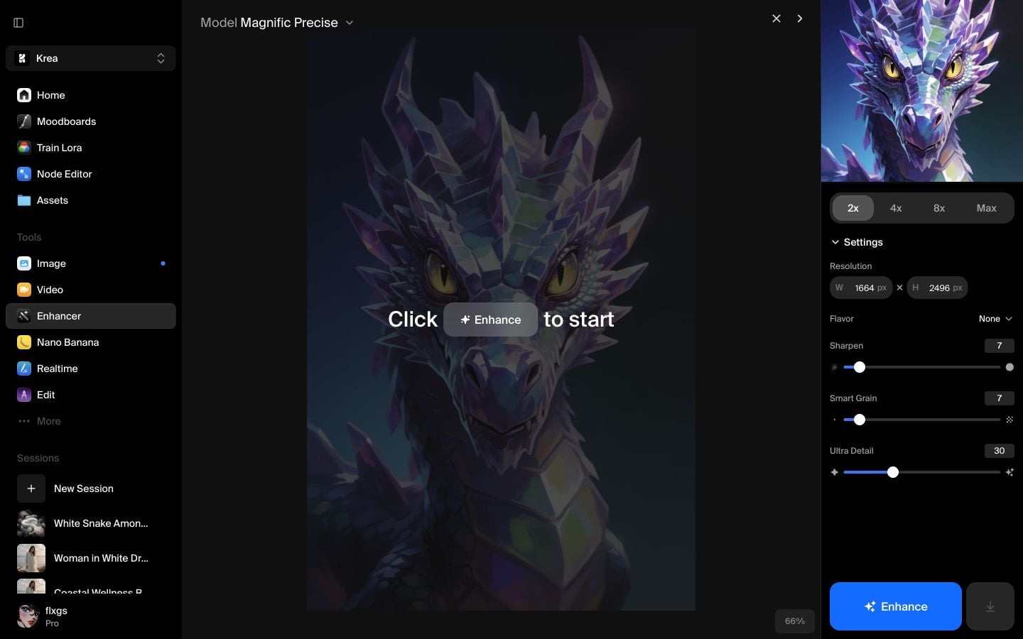 Imagen del dragón de cristal cargada en Krea Enhancer