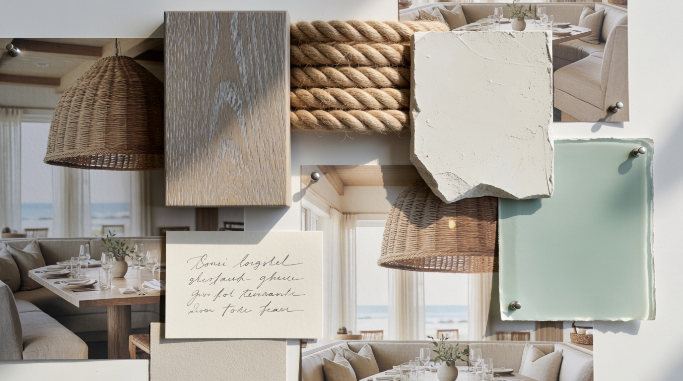 A pinned interior mood board for a coastal restaurant: weathered oak, rope, plaster, sea-glass green and woven light references, generated on Krea