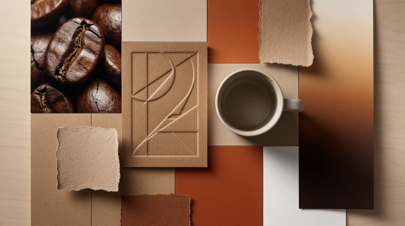 A brand mood board for a coffee roaster: kraft and burnt-orange chips, bean macro, letterpress texture and cup mockup, generated on Krea