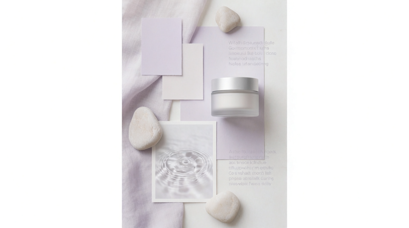 An airy brand board for skincare: milk and lavender chips, frosted glass, water ripple and soft fabric, generated on Krea