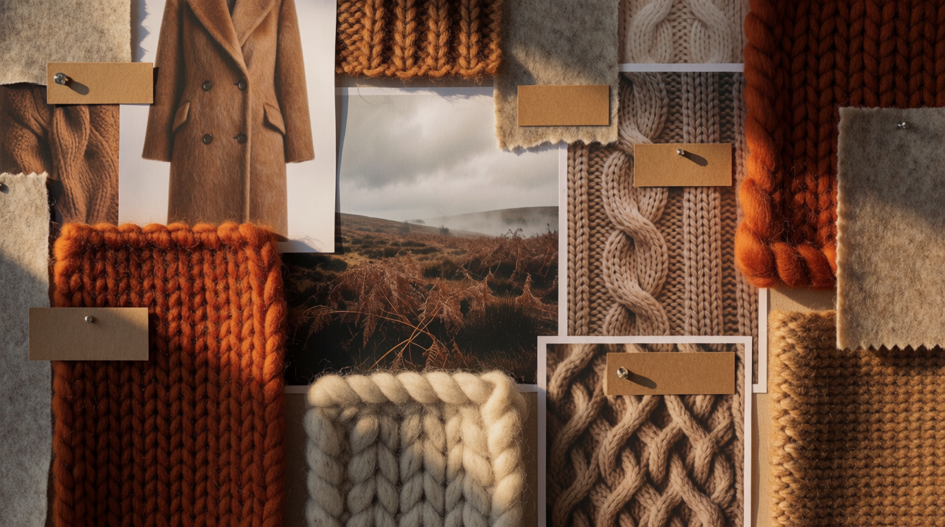 A pinned fashion board: rust and oatmeal yarns, cable-knit close-ups, moorland photography and camel tear-outs, generated on Krea