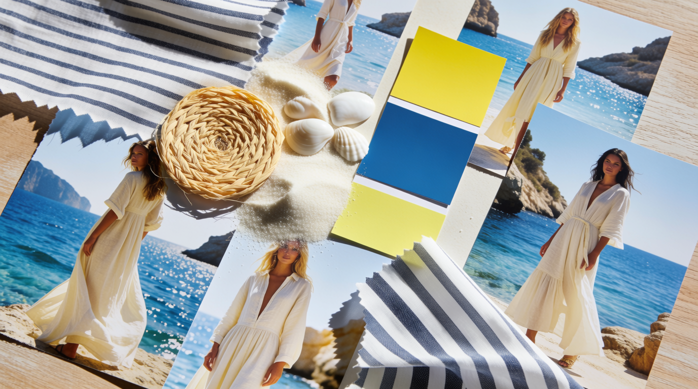 A sun-bleached fashion board: stripes, citrus and azure chips, linen dresses by the sea, raffia and shell, generated on Krea