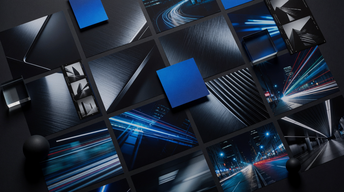 A dark campaign board: electric blue on black, neon trails, brushed aluminum and motion blur, generated on Krea