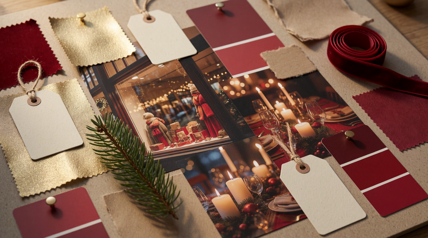 A pinned holiday campaign board: deep red and gold, ribbon, kraft wrap, window displays and candlelight, generated on Krea