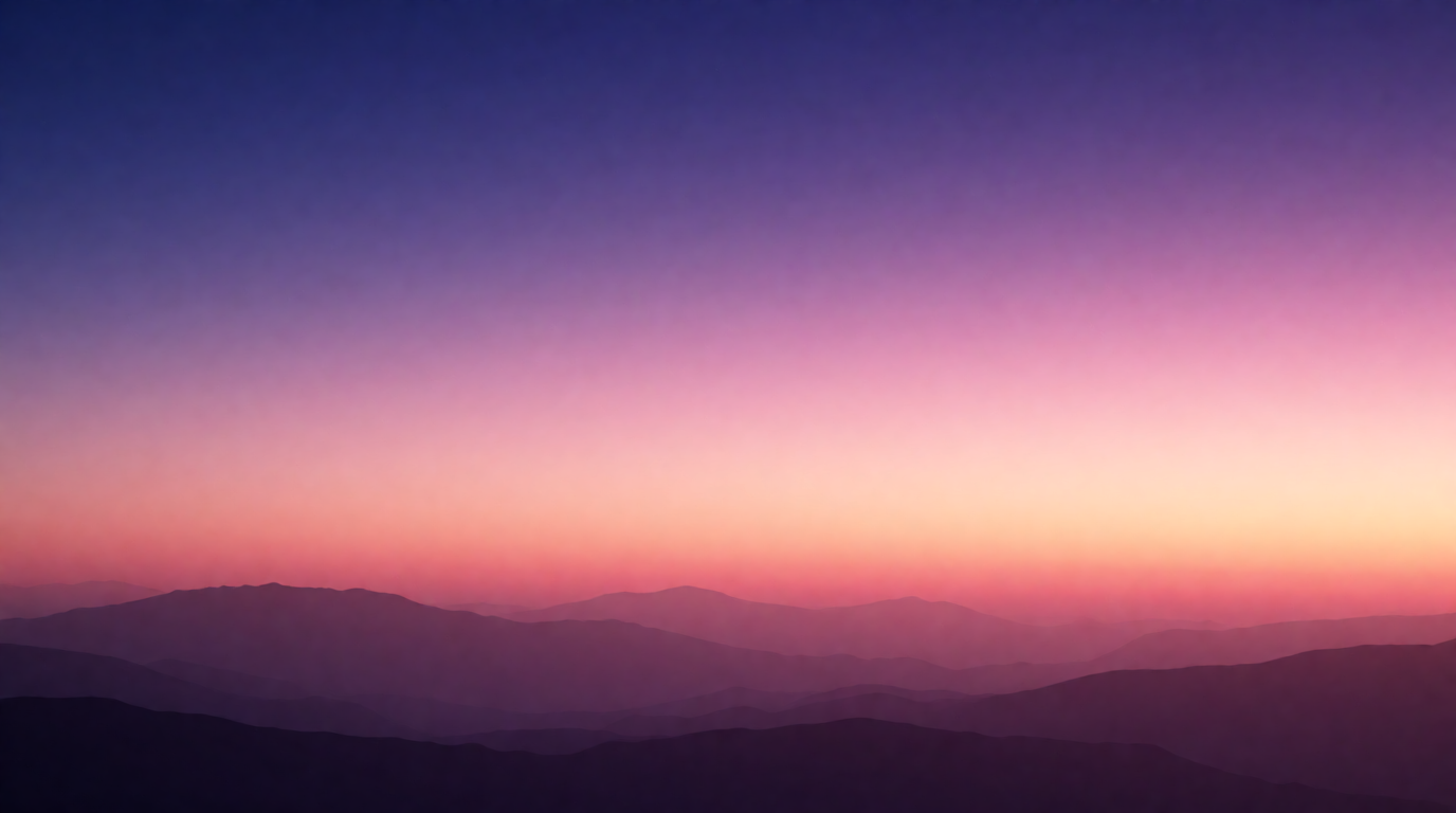 Wide desktop wallpaper of a soft gradient sunset over layered mountain silhouettes, a raw Krea 2 generation of the prompt above