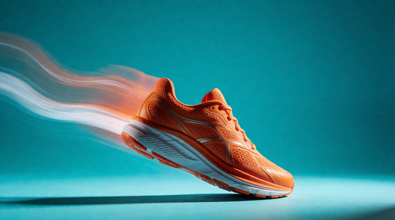 Raw Krea 2 output of the ad-creative prompt above — a sneaker frozen mid-air with headline space at the top