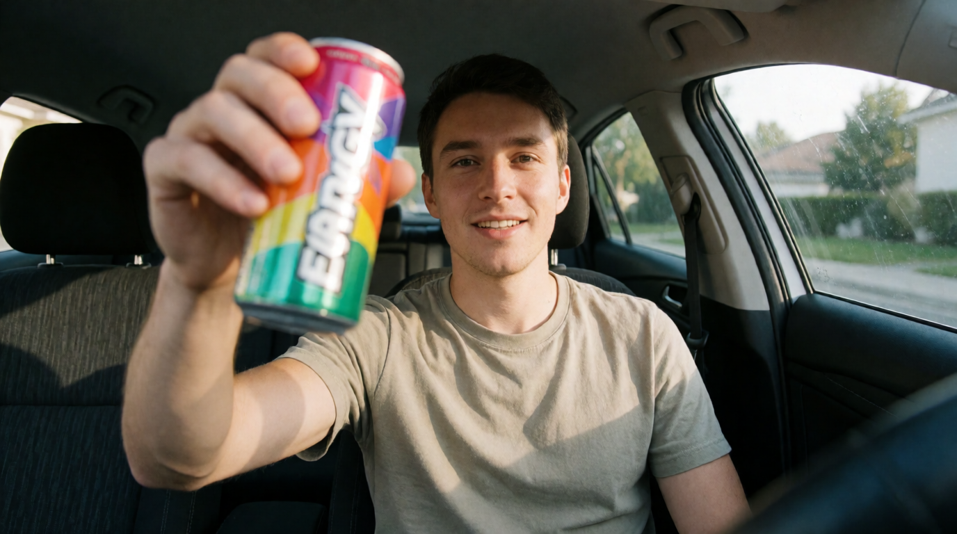 Raw Krea 2 output of the UGC first-frame prompt above — a man in a parked car holding an energy drink to the camera