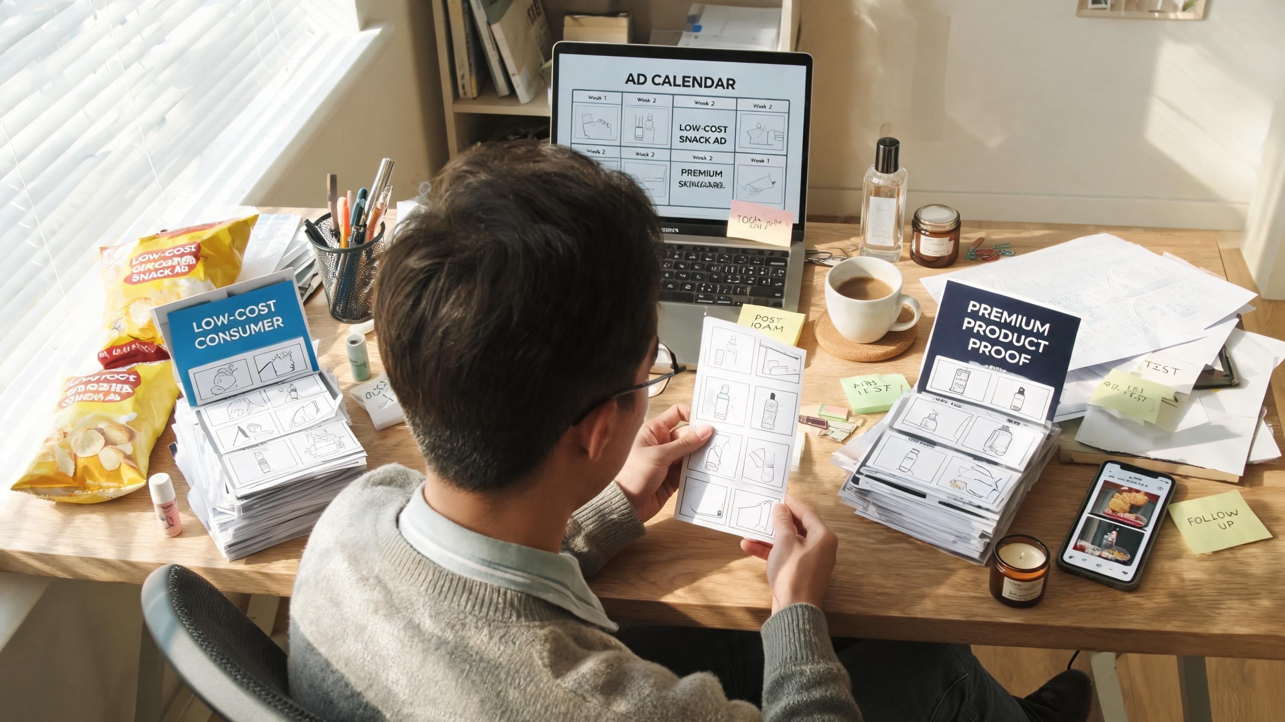 A marketer sorts ad concept cards beside product samples and a laptop in a daylight office.