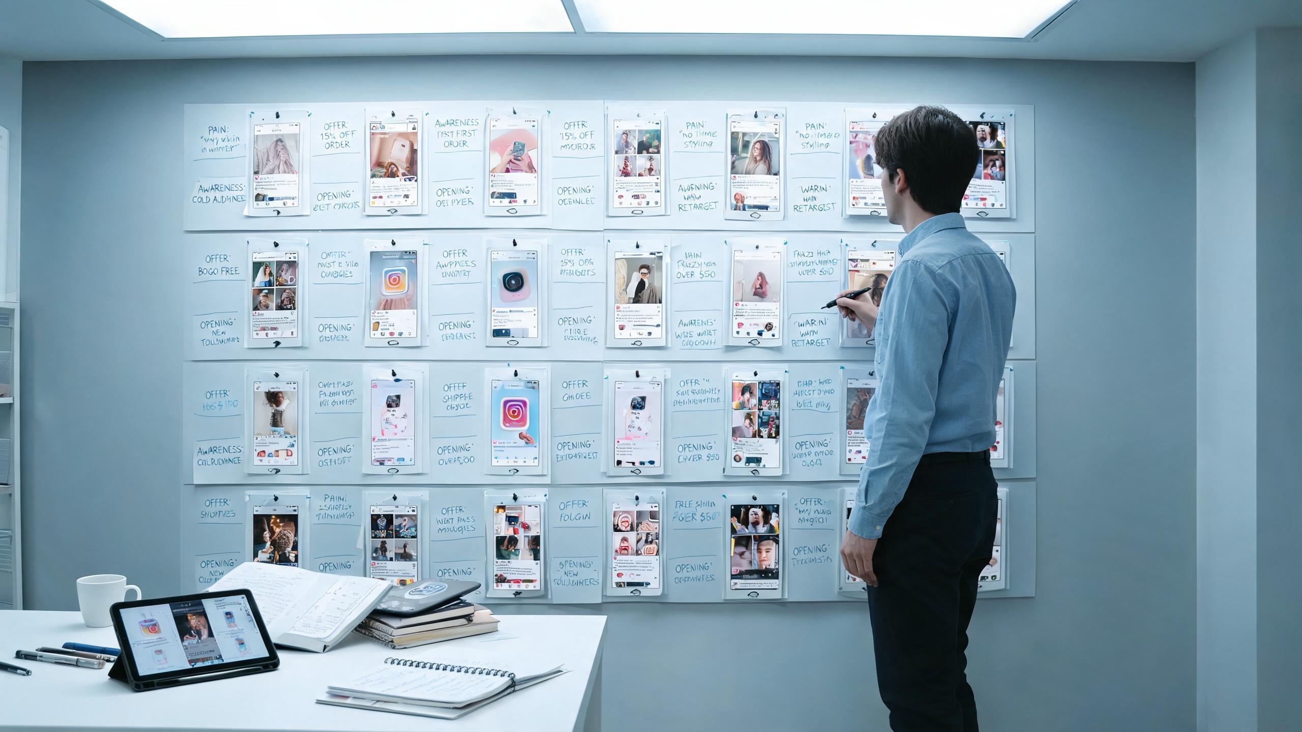 A marketer reviews a wall of social ad examples and annotates them by buyer pain and offer angle.