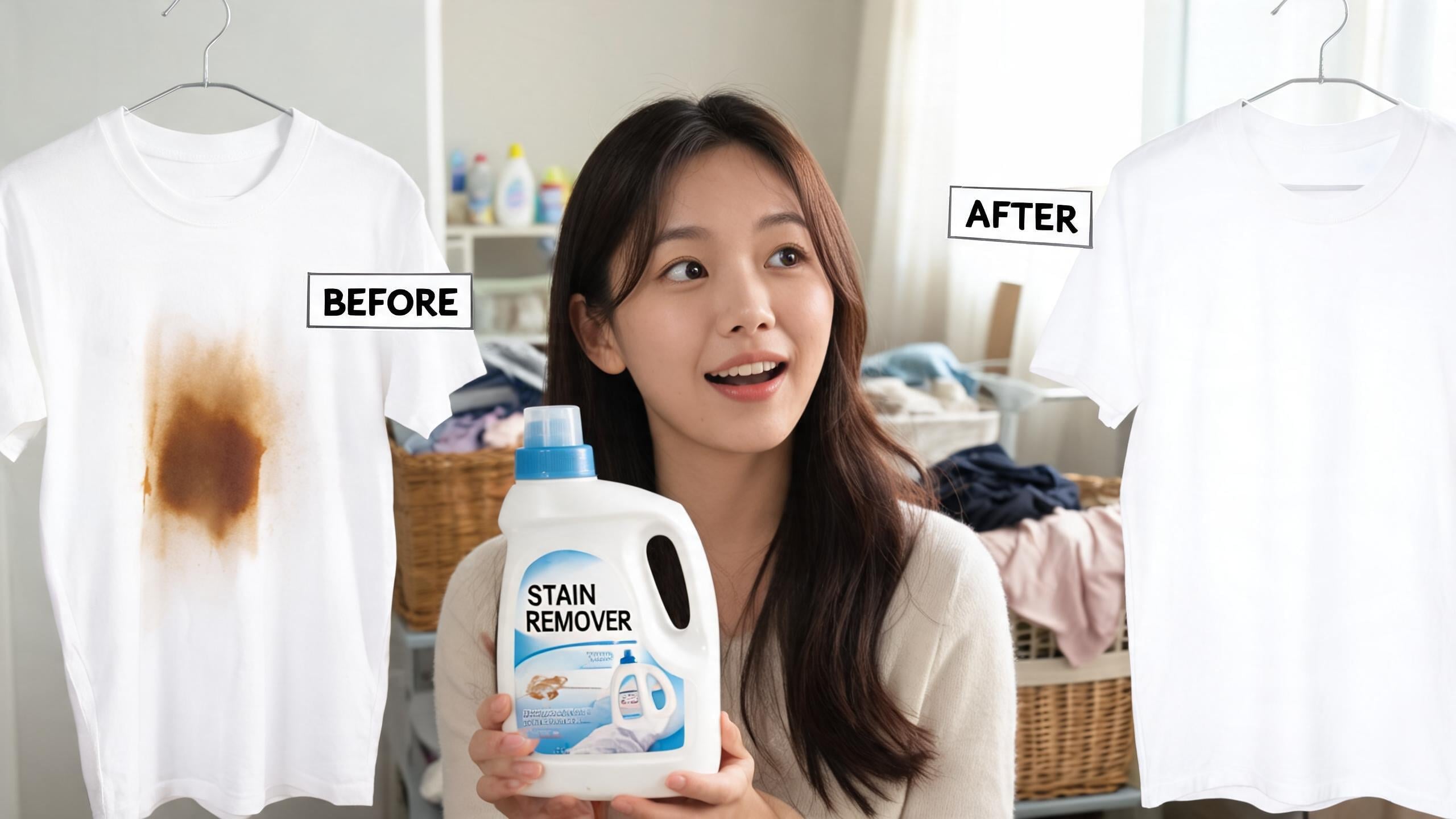 A person reacts to a visible before-and-after result while holding a product in an everyday room.