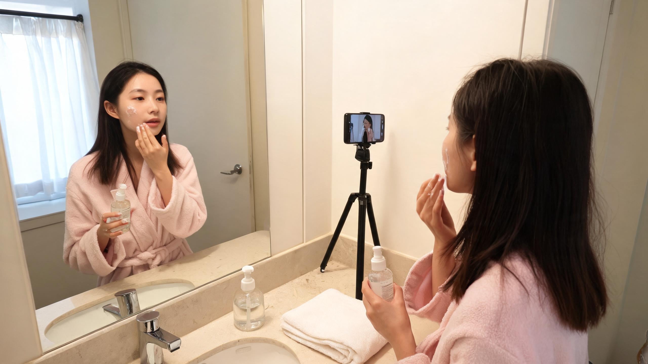 A creator films a casual bathroom-style product demo beside a phone on a tripod.