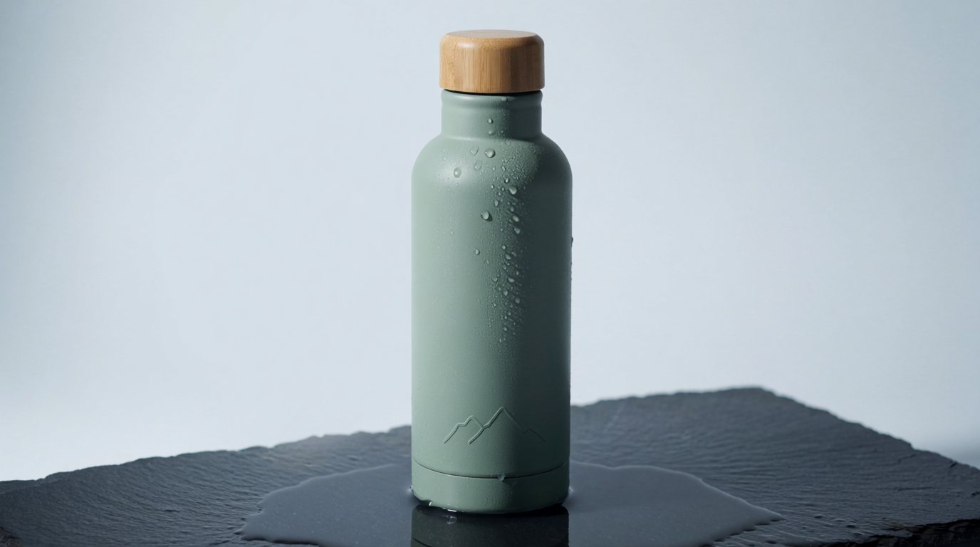 The approved product still: a sage-green insulated bottle generated with Krea 2 as the brand reference