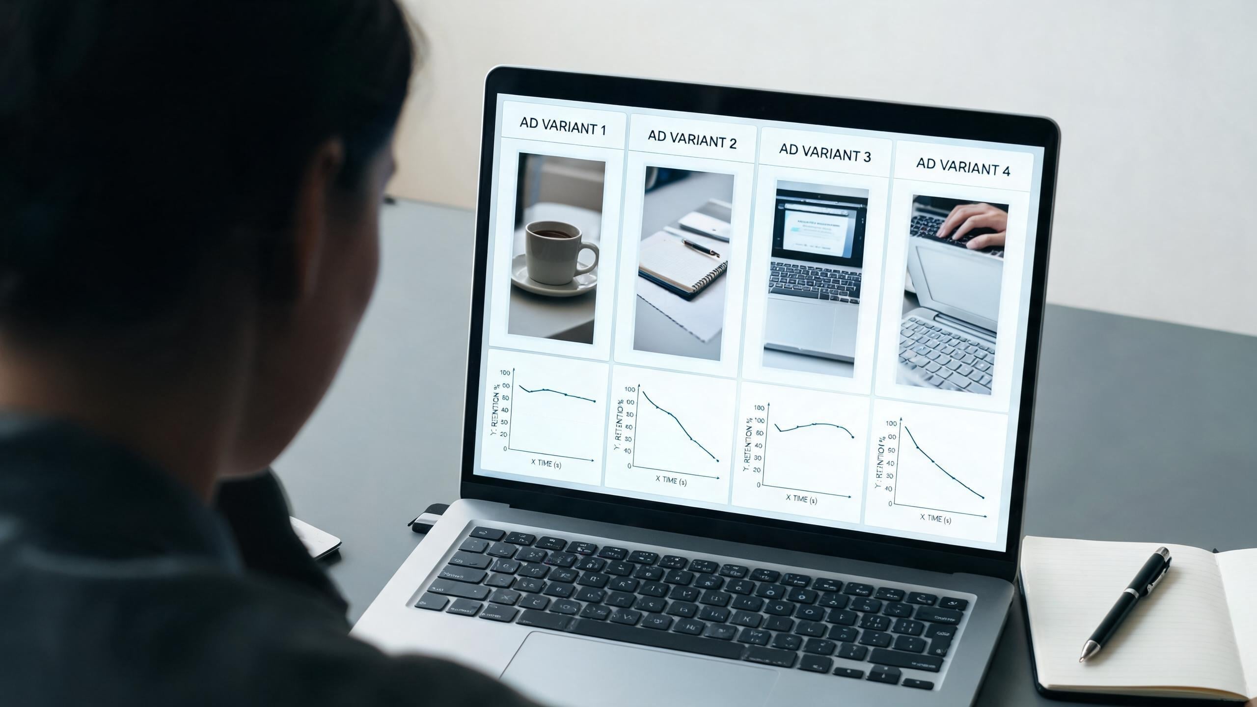 A media buyer compares similar ad variants in an analytics dashboard and studies their retention curves.