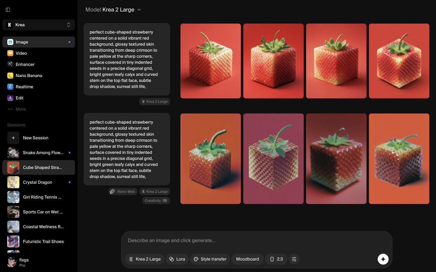 A Krea Image session with finished image generations