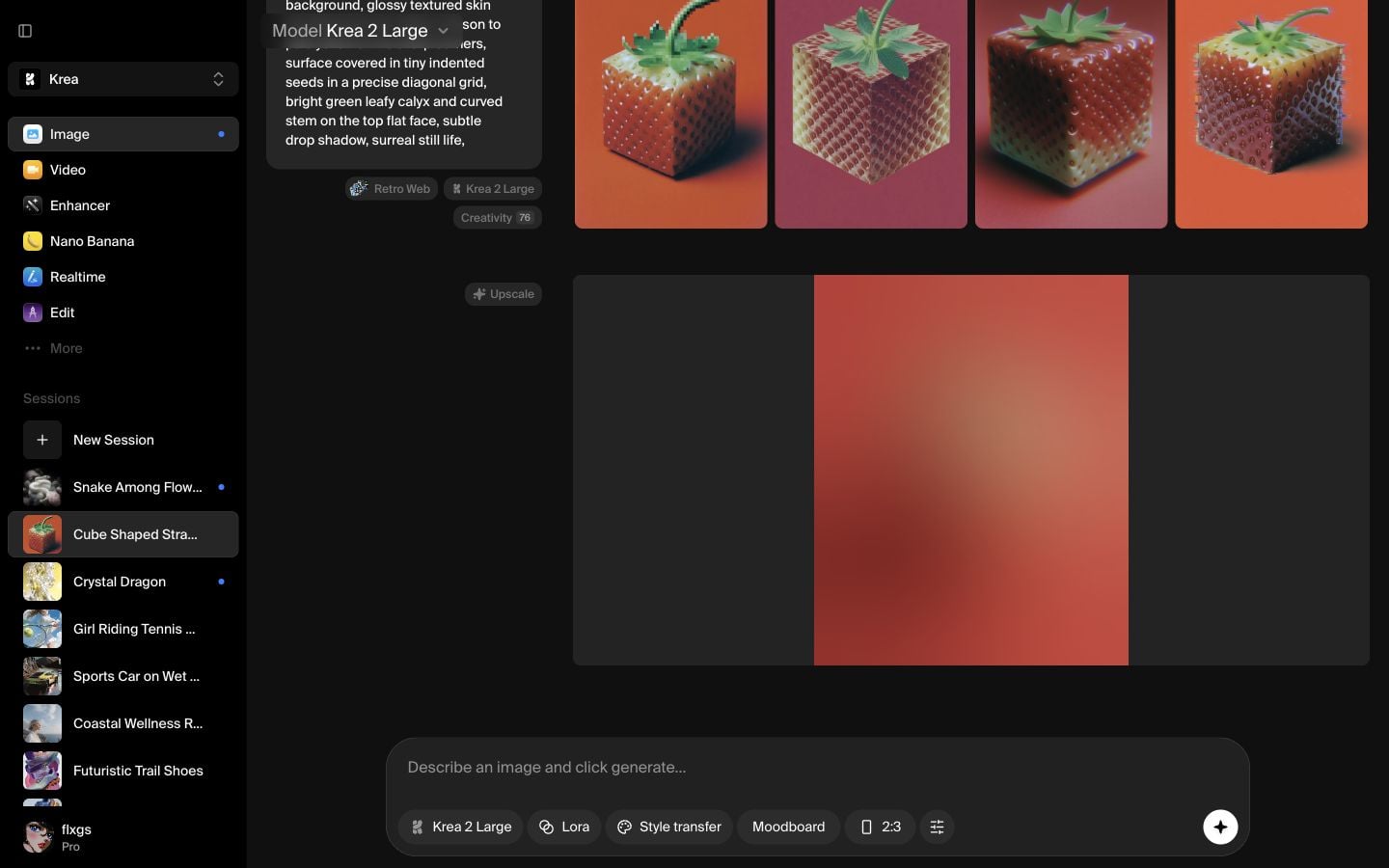 Krea adds a new Quick Upscale result row at the bottom of the session