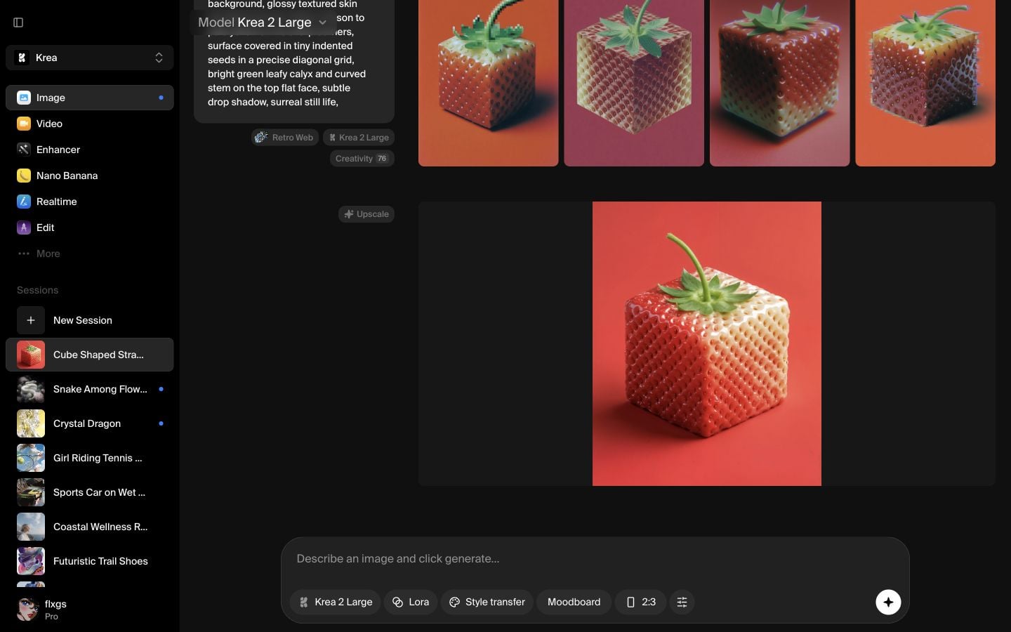 Finished Quick Upscale result at the bottom of a Krea Image session