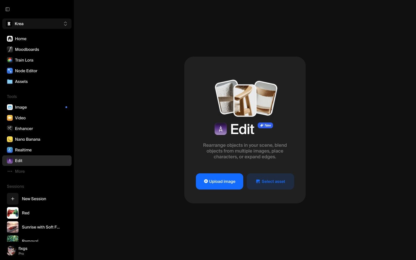 Krea Edit Startbildschirm mit sichtbarem Button "Select asset"