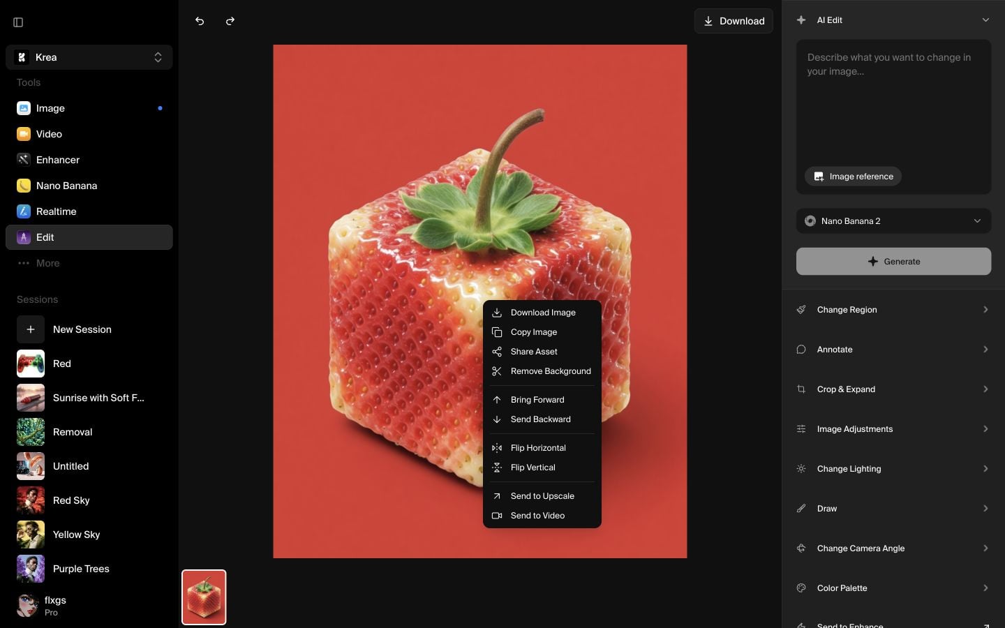 Rechtsklick-Menü in Krea Edit mit ausgewähltem "Remove Background"
