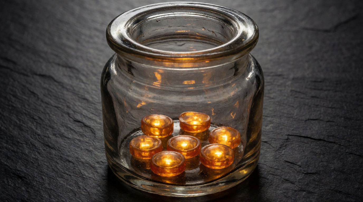 A glass jar holding a handful of glowing amber tokens with only a few left at the bottom, dark background, dramatic side lighting