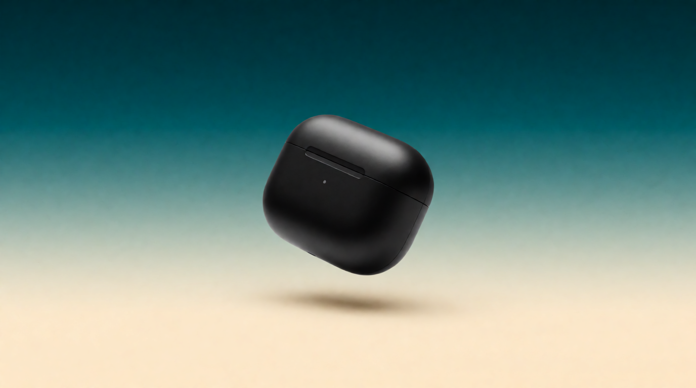 Raw Krea 2 output of a matte black earbuds case on a teal-to-cream gradient — a hero image made for dropping into a slide, not made by Gamma