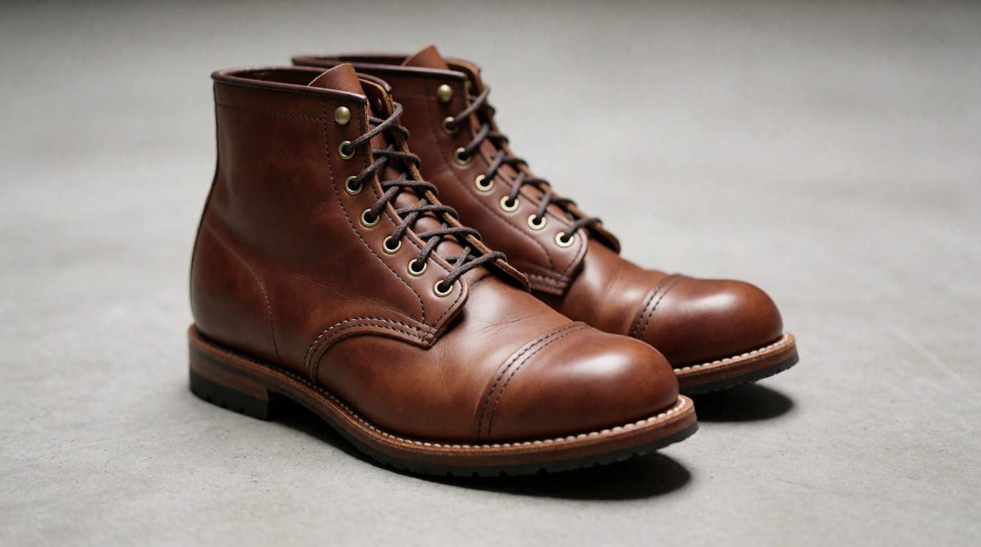 Close-up product photo of brown leather boots on a concrete floor, generated with Krea 2 Turbo from the prompt above