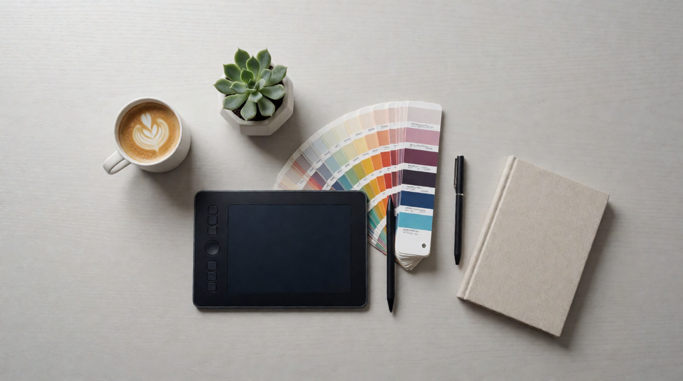 Flat-lay of a graphic designer's desk with a tablet, swatches, and a succulent, a Krea 2 Turbo generation illustrating a Photoshop workflow, not a Photoshop output